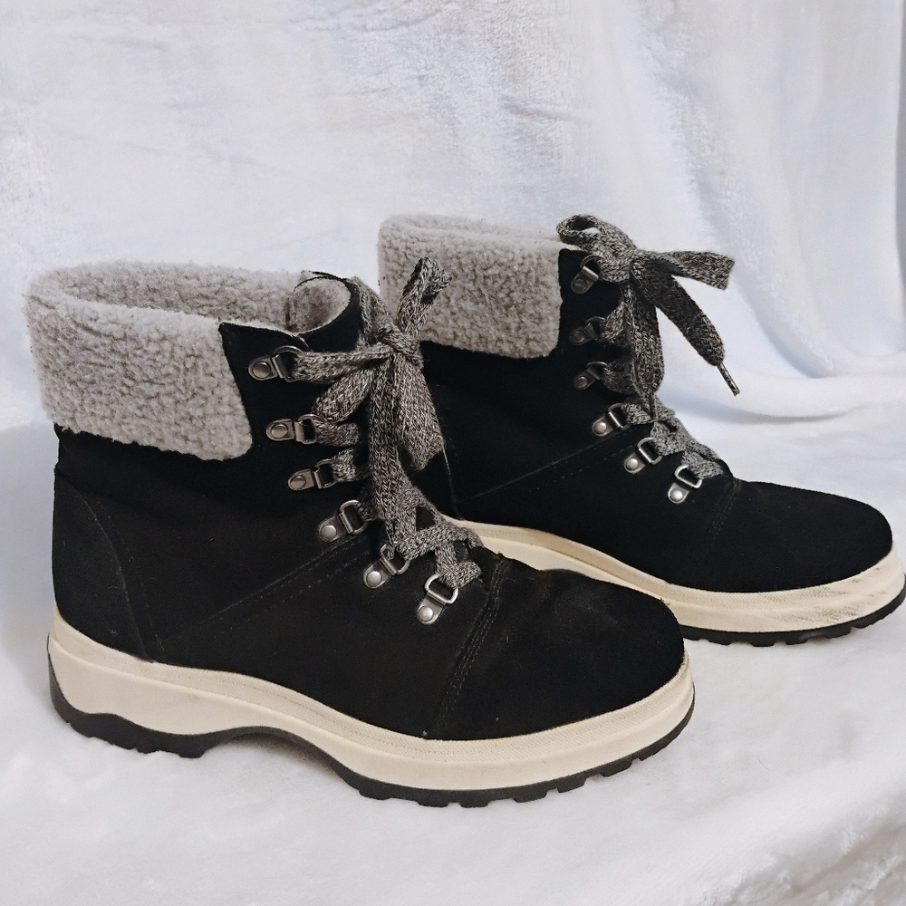 White Mountain Bravo Black Leather Faux Fur Winter Hiker Boots Womens 8.5 M